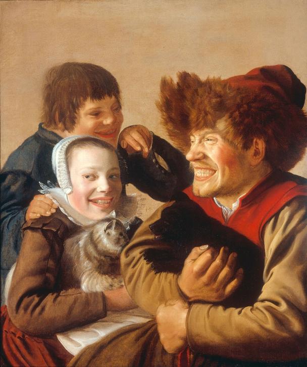Ein zähnefletschender Mann mit Hund und ein Mädchen mit Kat von Jan Miense Molenaer