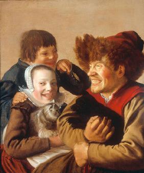 Ein zähnefletschender Mann mit Hund und ein Mädchen mit Kat