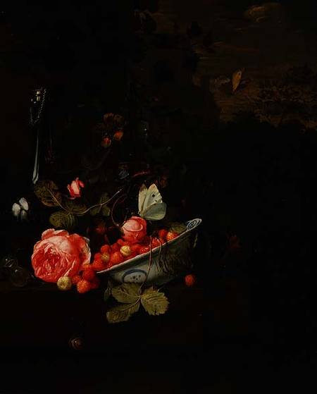 Still Life of Wild Strawberries, a Rose and a Glass Bottle von Jan Mortel