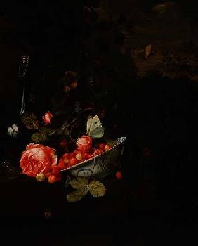 Still Life of Wild Strawberries, a Rose and a Glass Bottle 1690