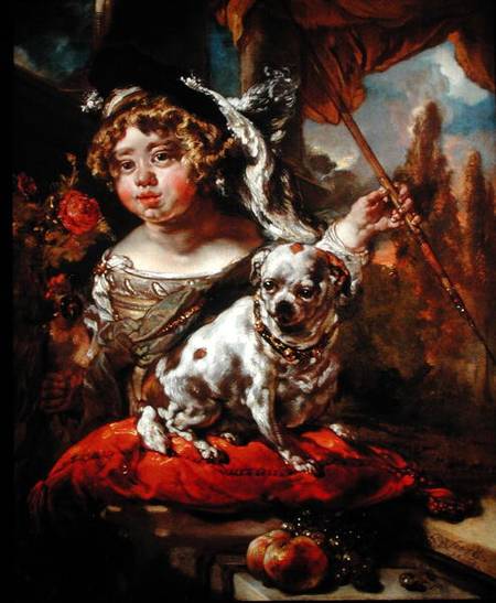 A Portrait of a Boy Wearing a Plumed Hat, Holding a Falcon and Spear, with a Pug Seated Before Him von Jan or Joan van Noordt