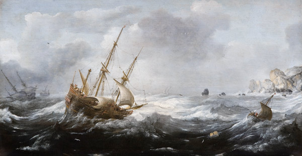 Schiffe im Sturm an einer felsigen Küste von Jan Porcellis