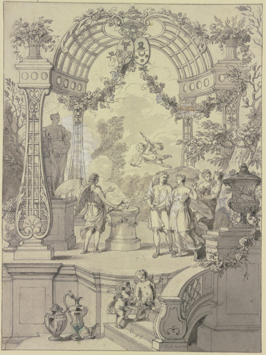 Ein Brautpaar mit Hymen an einem Altar stehend, Amor schwebt über ihnen mit reicher Architektur von Jan Punt