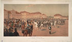 Kavallerie-Parade vor dem Großfürst Konstantin Pawlowitsch von Russland am Sachsenplatz in Warschau, 1889