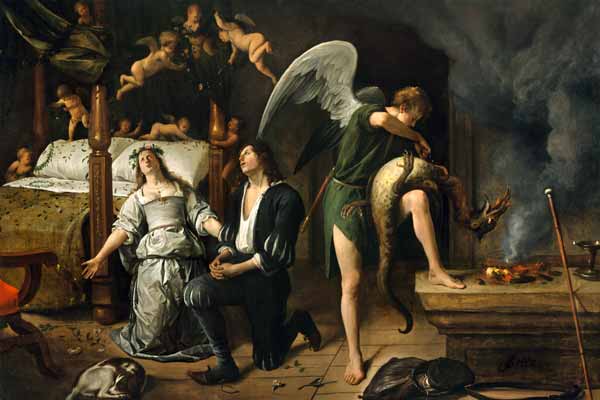 Tobias and Sarah with the Archangel Raphael exorcising the demon Asmodeus, restored version reassemb von Jan Steen