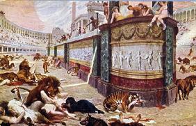 Postcard depicting the bloody games in the arena in Rome, illustration from 'Quo Vadis', 1910 (colou 1869