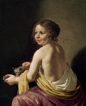 Mädchen, eine Katze neckend 1626