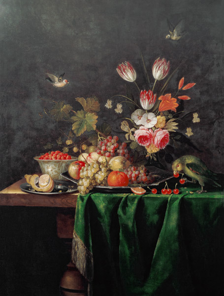 Still Life of Fruit and Flowers with a Parrot on a Table covered with a Green Cloth von Jan van Dalen