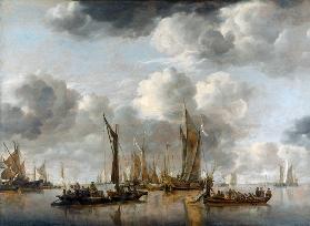 A Dutch Yacht Firing a Salute as a Barge Pulls Away 1650