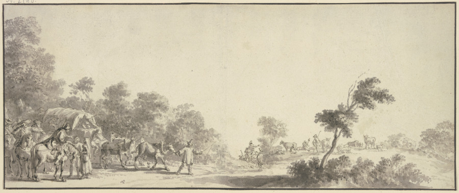 Links am Ausgang des Waldes ein Reisewagen mit drei Pferden, umgeben von vielen Reitern, rechts Hirt von Jan van de Velde II
