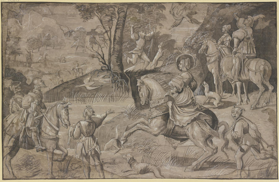 Reiherbeize, in der Mitte eine Dame zu Pferde von Jan van der Straet