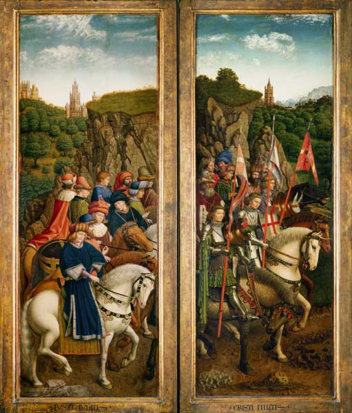 Genter Altar - Die gerechten Richter (links) und die Streiter Cristi (rechts) von Jan van Eyck
