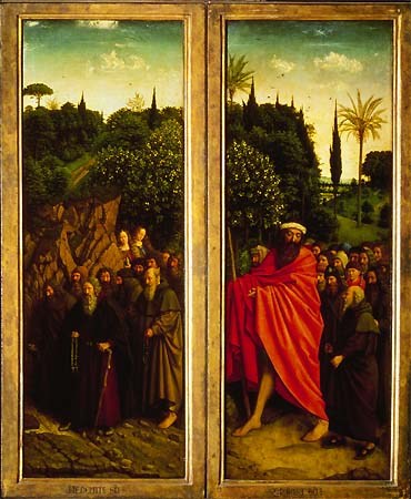Genter Altar - Eremiten (rechts) und Christophorus mit den Pilgern (links) von Jan van Eyck