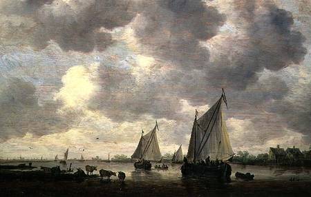 A Canal in Holland, or Two Large Sailing Ships and Cattle Near a River von Jan van Goyen