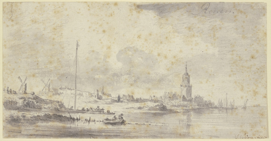 Links an einem Fluss eine Stadt mit Kirche und Festungsmauer, weiter links zwei Windmühlen von Jan van Goyen
