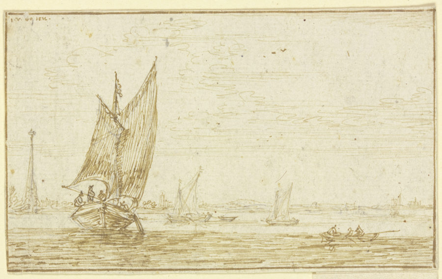 Marine, links segelt ein Boot, rechts ein Ruderboot von Jan van Goyen