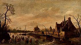 Flußlandschaft mit Schlittschuhläufern bei einem Dorf 1627