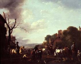 Horsemen and Travellers halted in a village