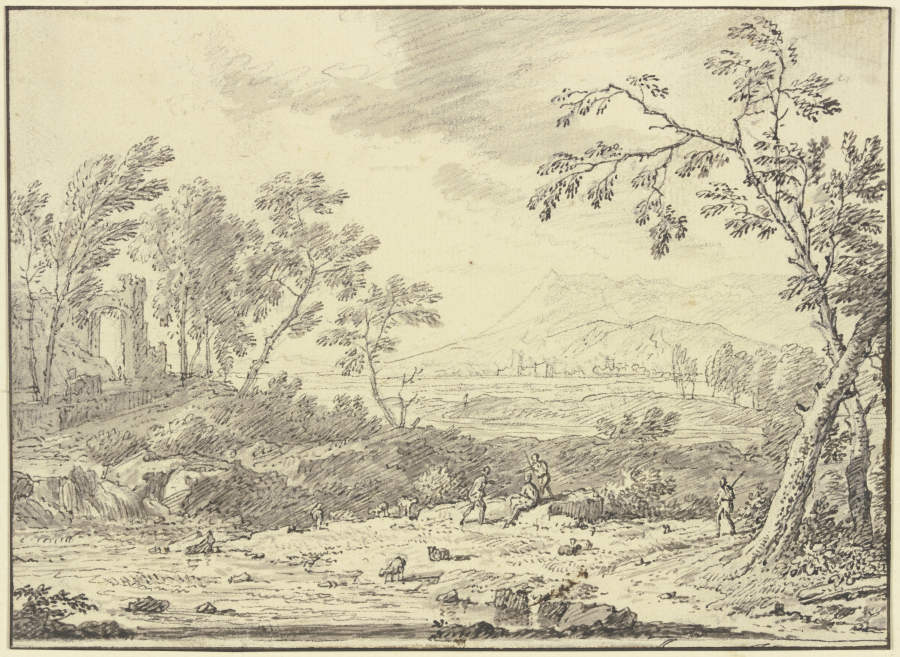 Landschaft mit Ruinen, vorne ein Hirte bei Schafen von Jan van Huysum