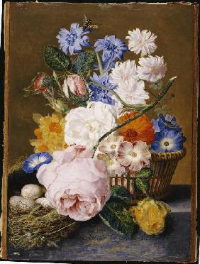 Rosen, Winden, Osterglocken, Astern und andere Blumen neben einem Vogelnest 1744