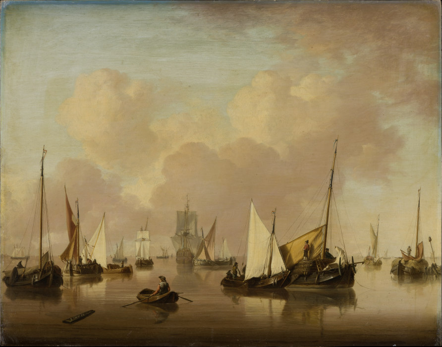 Boote und Segelschiffe auf stiller See von Jan van Os