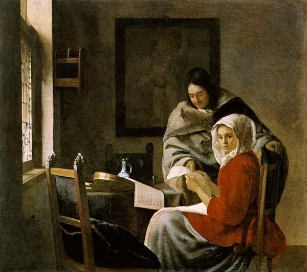 Ein musizierendes Mädchen wird in ihrer musik unterbrochen von Johannes Vermeer