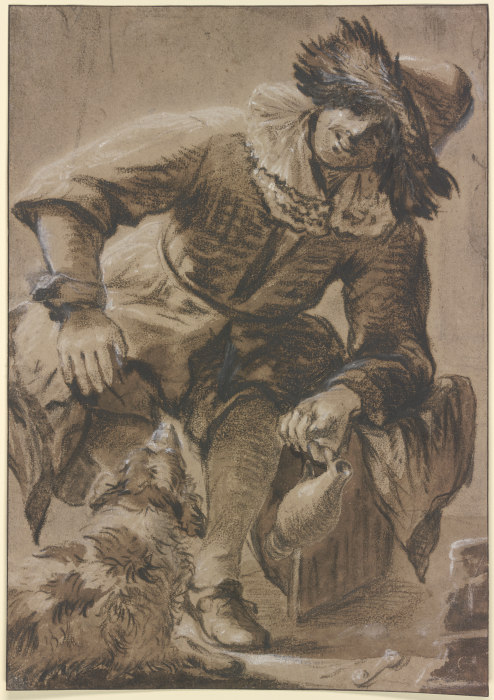 Sitzender Mann mit Pelzmütze und Weinkrug, dabei ein Hund von Johannes Vermeer