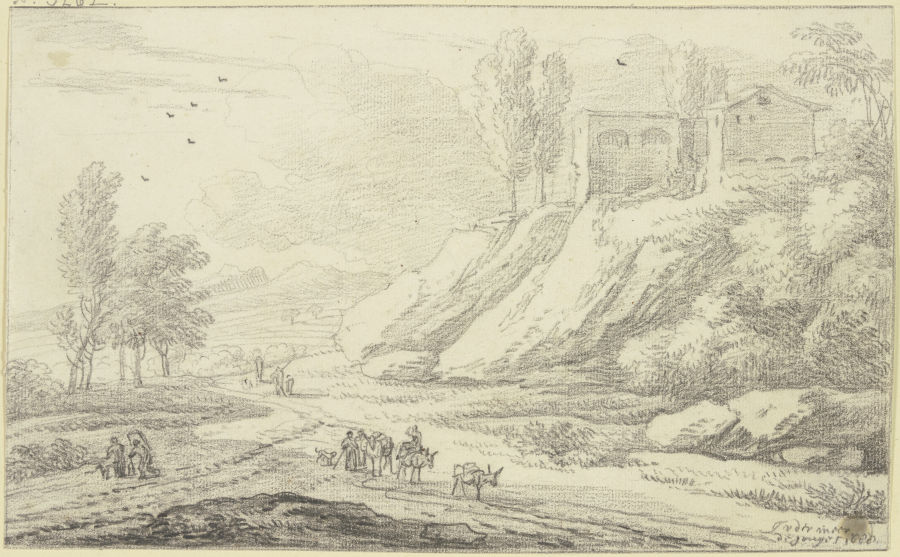Rechts am Weg Hügel mit Gebäuden, auf demselben Eselstreiber und andere Figuren von Jan Vermeer van Haarlem d. Ä.