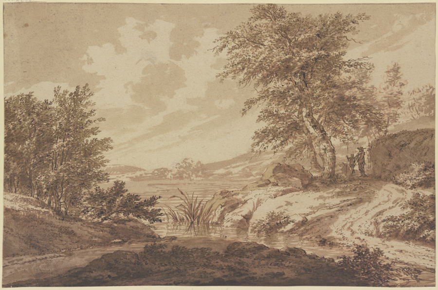 Landschaft mit einem Fluss, rechts ein Felsstück unter Bäumen, dabei ein Mann mit einem Knaben, der  von Jan Wils