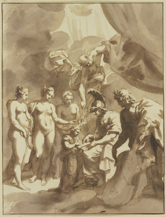 Minerva und Apollo unterweisen ein Kind in den Künsten und Wissenschaften, dabei die drei Grazien so von Jan de Bisschop