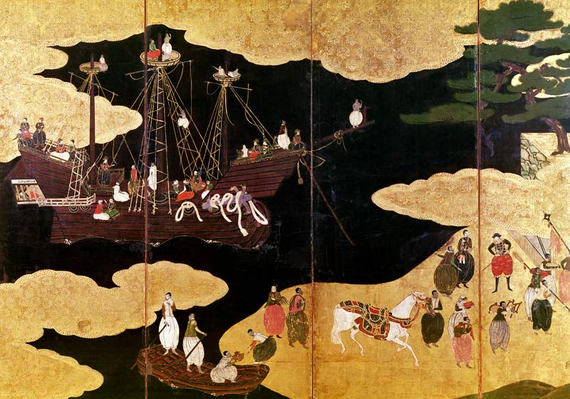 The Arrival of the Portuguese in Japan, detail of the left-hand section of a folding screen, Kano Sc von Japanese School