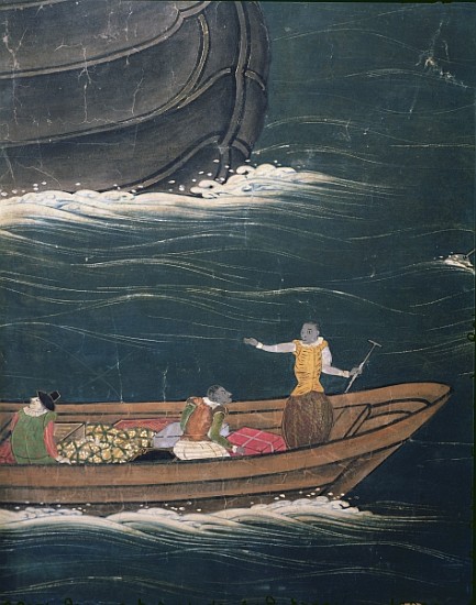 The Arrival of the Portuguese in Japan, detail of small ship with cargo, from a Namban Byobu screen, von Japanese School