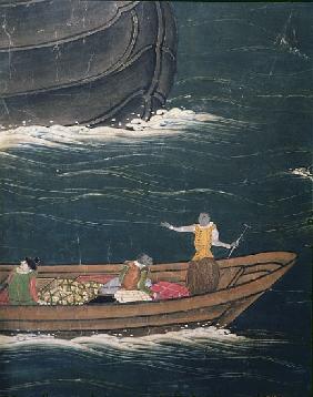 The Arrival of the Portuguese in Japan, detail of small ship with cargo, from a Namban Byobu screen,
