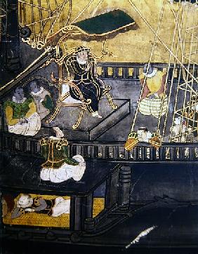 The Arrival of the Portuguese in Japan, detail showing men in the central part of a ship, from a Nam
