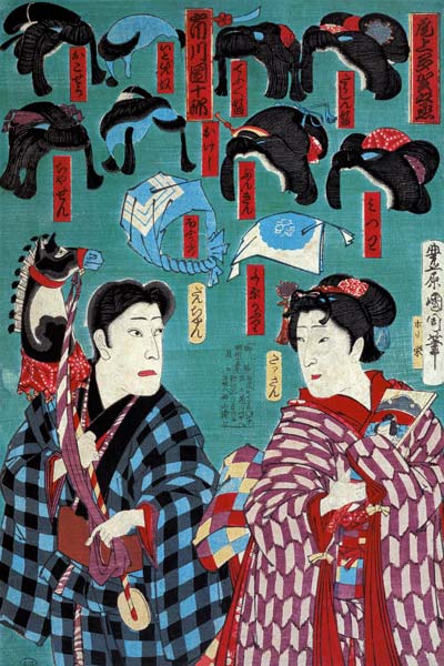 Japanese Wigs from the Meiji period (1868-1912) for Kabuki theatre, 1883 (colour litho) von Japanese School, (19th century)