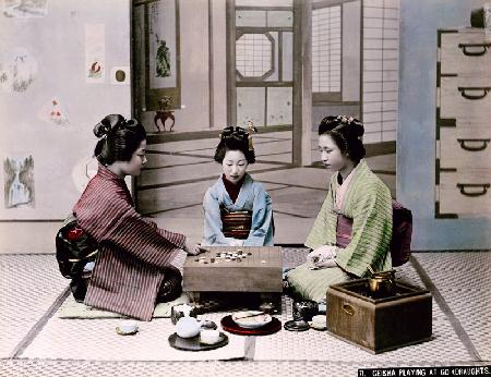 Geisha Girls Playing the Game of Go, c.1900 (hand coloured photo) 1864