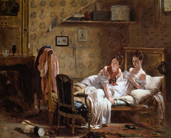 Two Women in a Bed disturbed by a Cat von Jean Alphonse Roehn