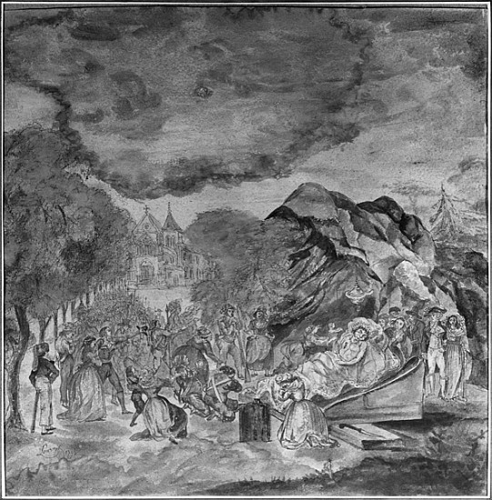 People filing past Marat''s corpse near the grotto of Les Cordeliers, 1793 (pencil & w/c on paper) von Jean Antoine Laurent