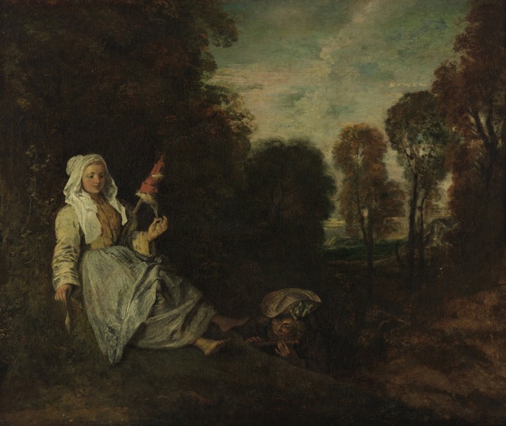 Abendlandschaft mit Spinnerin von Jean Antoine Watteau