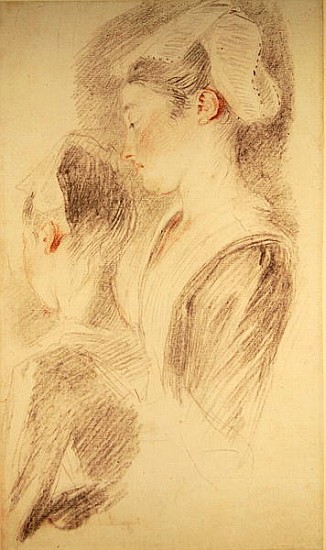 Two studies of a woman, three-quarters from rear, one in profile (sanguine and black chalk on paper) von Jean Antoine Watteau