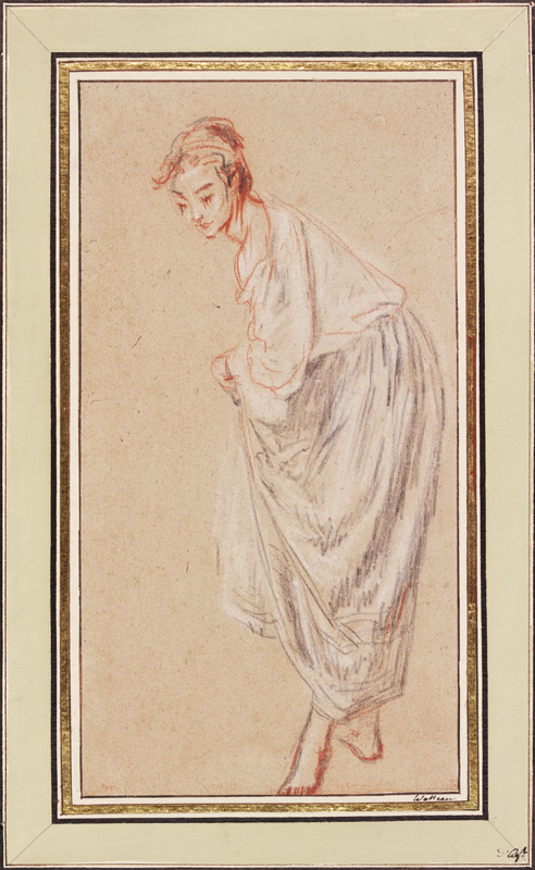 Stehendes Mädchen, nach links geneigt und seinen Rock anhebend von Jean-Antoine Watteau