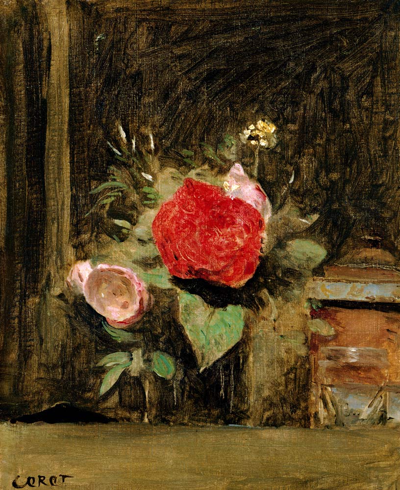 Bouquet of Flowers in a Glass beside a Tobacco Pot von Jean-Baptiste Camille Corot