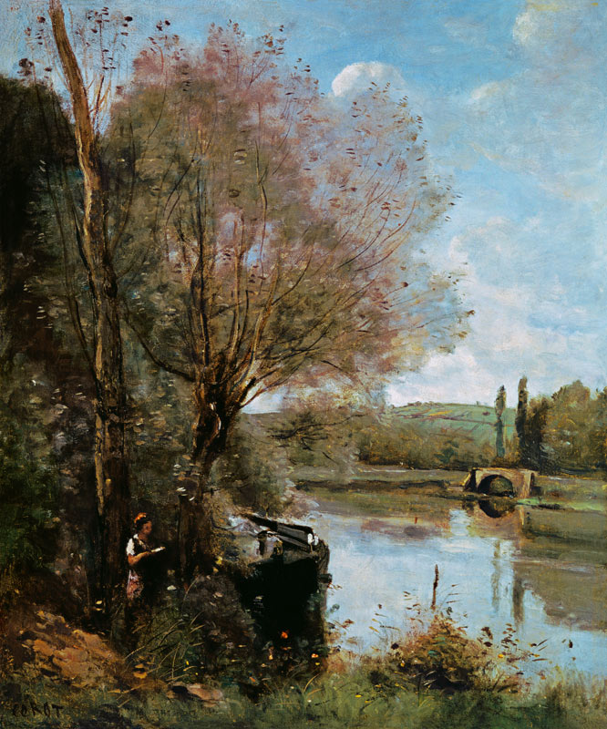 Lesende an einem bewaldeten Flussufer von Jean-Baptiste Camille Corot