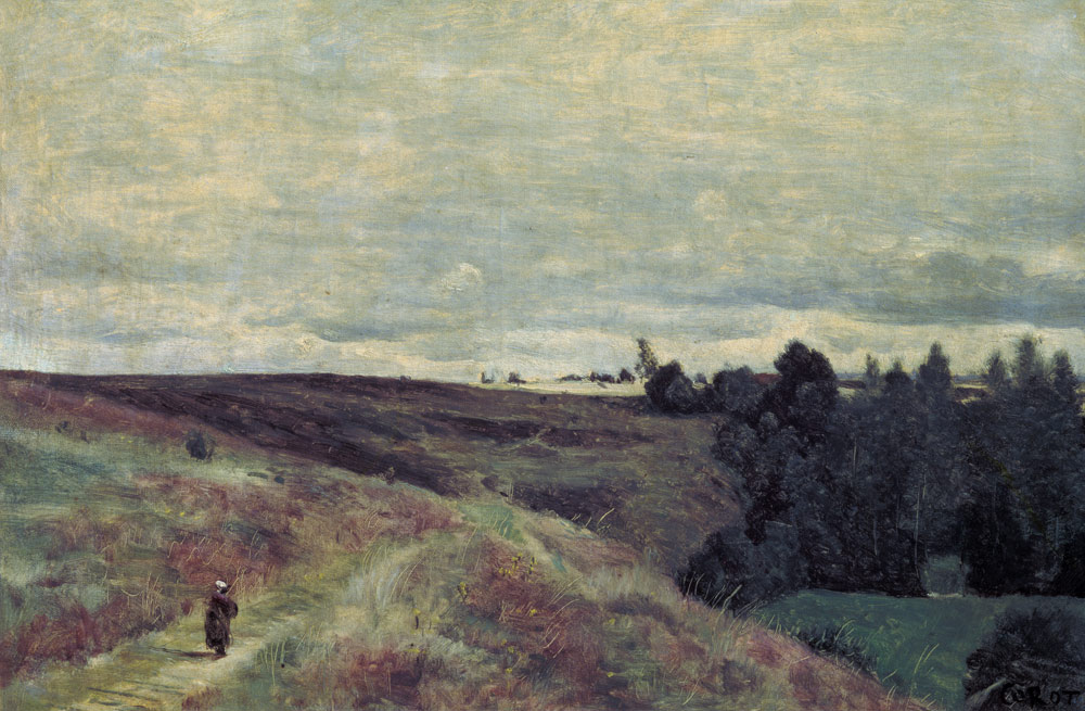 Mit Heidekraut überwachsende Höhen bei Vimautier von Jean-Baptiste Camille Corot