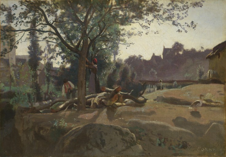 Die Bauern unter den Bäumen bei Tagesanbruch von Jean-Baptiste Camille Corot