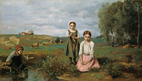 Kinder neben einem Bach auf dem Land, Lormes (oil on canvas) von Jean-Baptiste Camille Corot