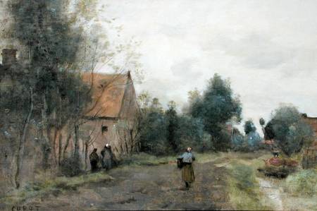 Sin near Douai, Village Street in the Morning, Grey Weather von Jean-Baptiste Camille Corot