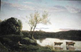 A Pond with three Cows and a Crescent Moon c.1850