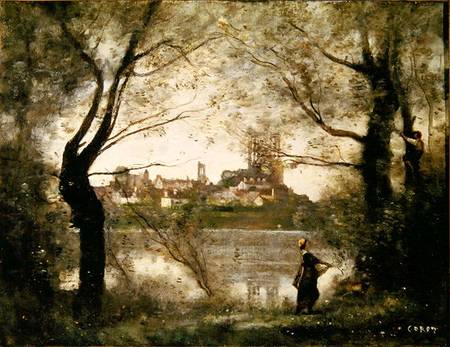 View of the Town and Cathedral of Mantes Through the Trees, Evening von Jean-Baptiste Camille Corot