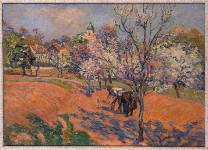 Bauersleute beim Bohnensäen unter blühenden Obstbäumen von Jean-Baptiste Armand Guillaumin
